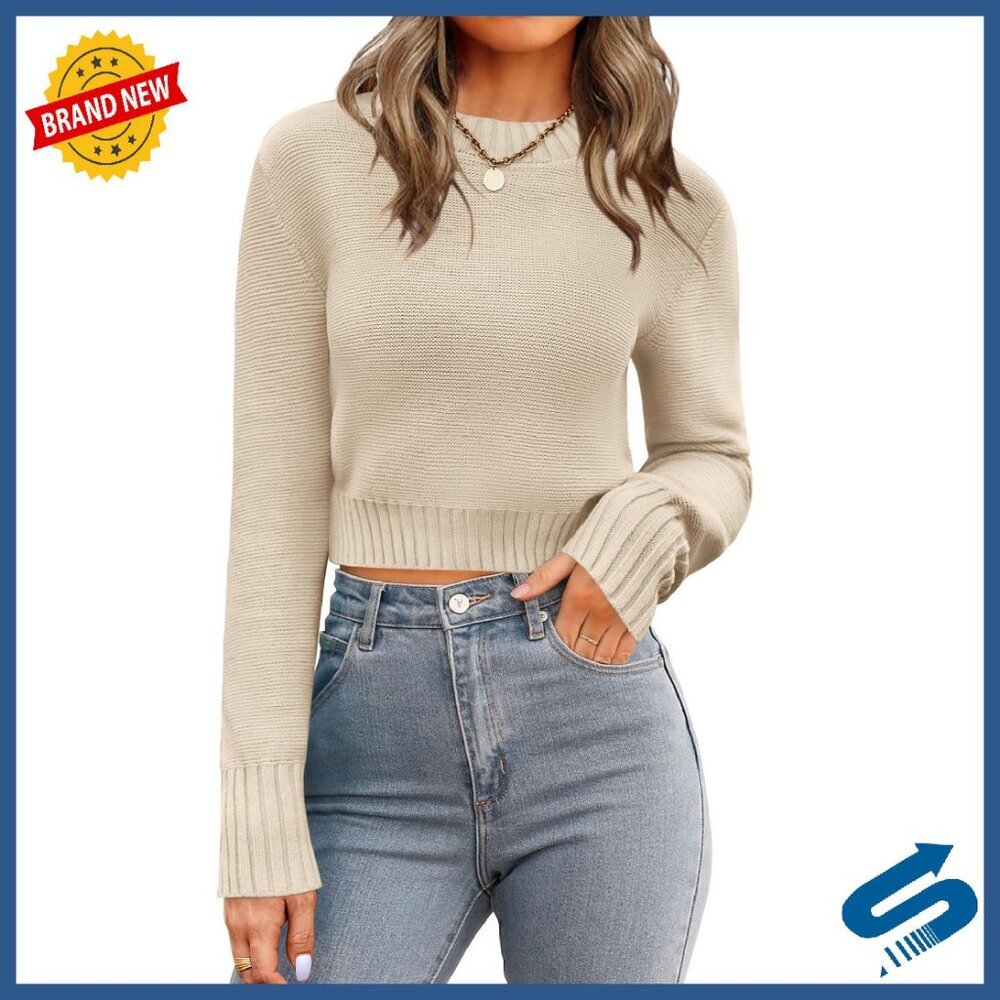 Crewneck Cropped Sweater Ribbed Knit Pullover Long Sleeve Top